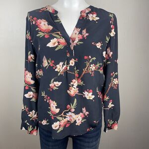 Joie Women’s Silk V Neck Top Black Floral Long Sleeve Elegant  Workwear Classic